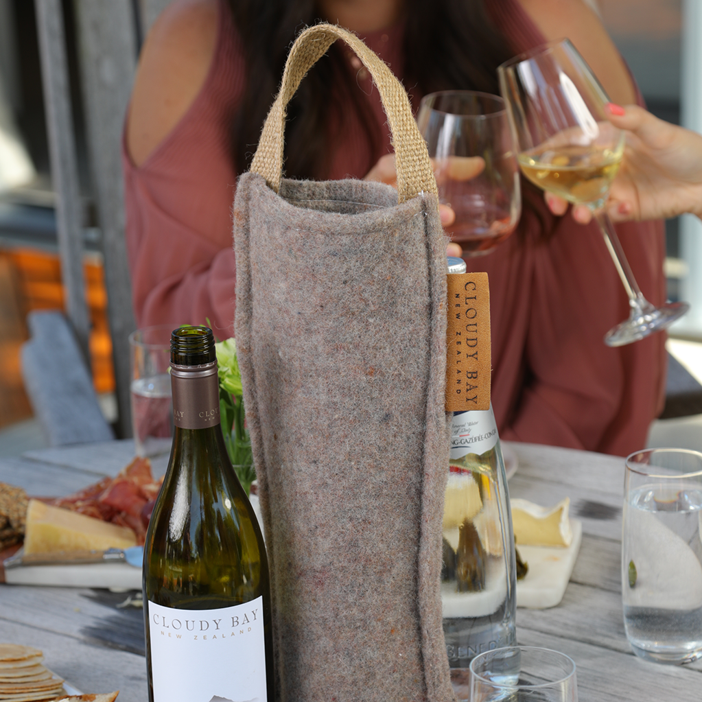 wool hero wine guard tote bag customised with Cloudy Bay logo