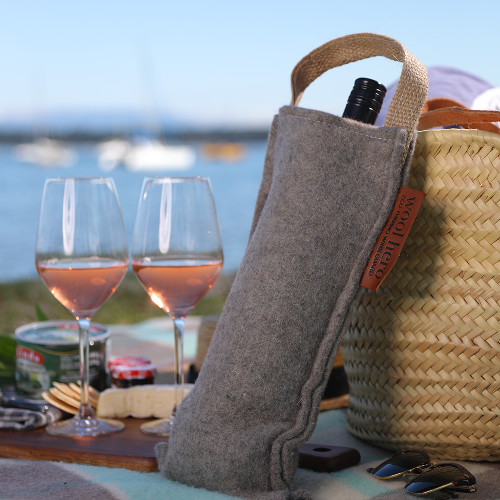 original wool hero wine guard tote bag used at picnic