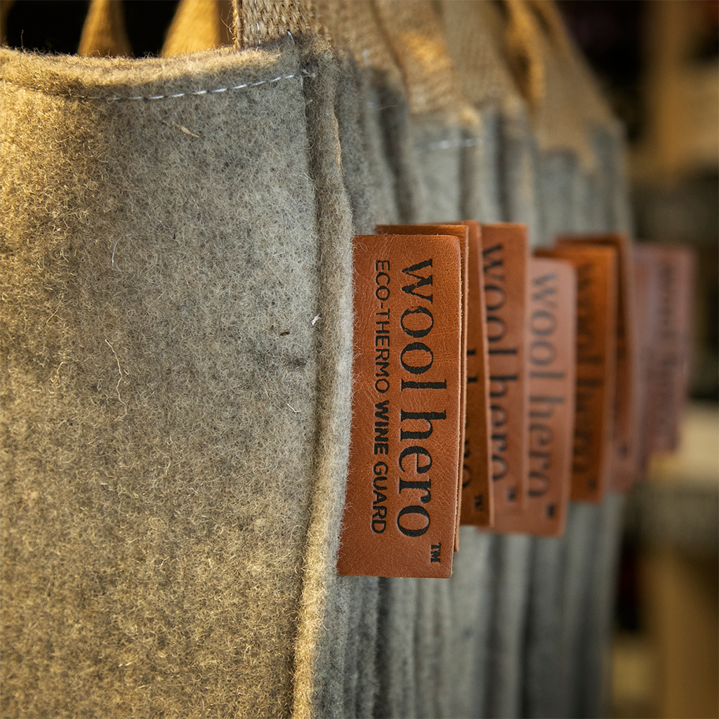 original wool hero wine guard tote bag leather tag close up